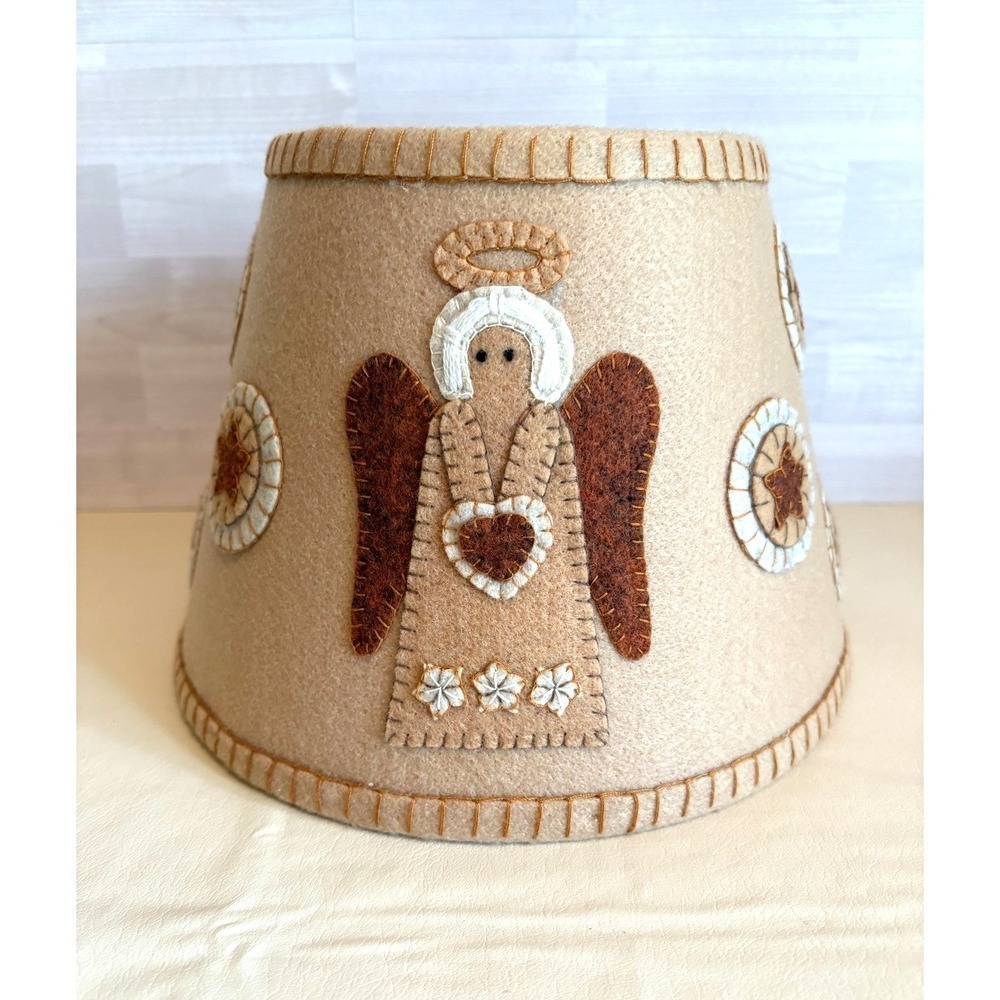 VTG Felt Lamp Shade Angel Folk Art Handmade Beige Brown 10" Rustic Cottagecore
